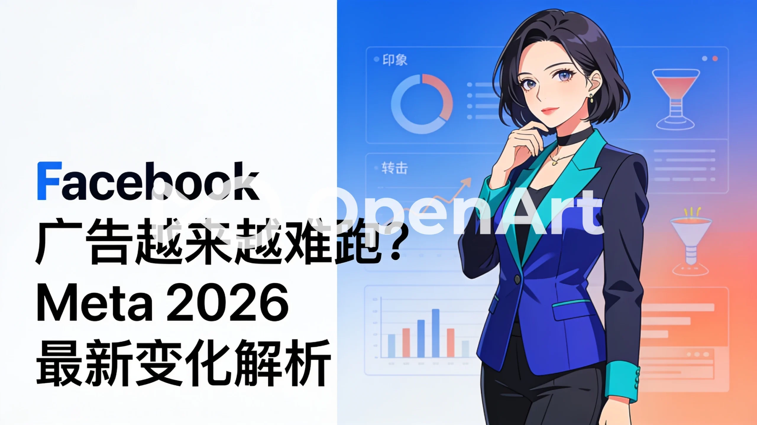 身着蓝色职业装的女性广告策略师,背景为广告数据图表;标题:Facebook 广告越来越难跑?Meta 2026 最新变化解析